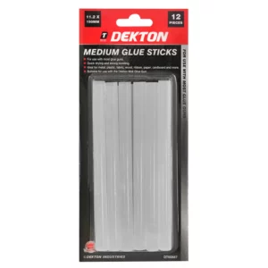 Dekton medium glue sticks in a 12‑piece package, sticks visible through plastic, labeled for use with most glue guns.