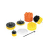 Assorted car polishing pads and brushes in orange, yellow, and black on a white background with a few different textures.