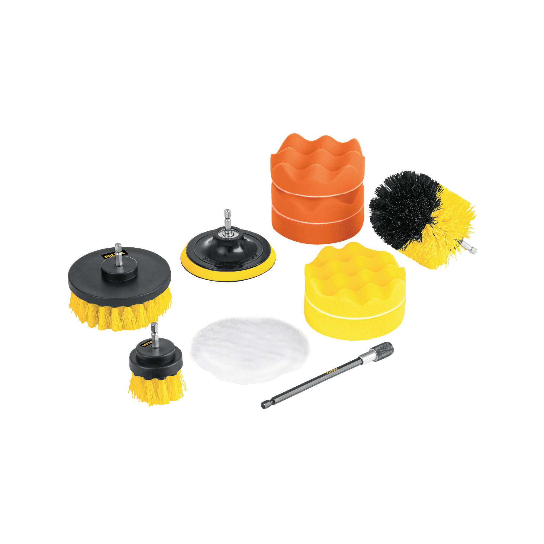 Hreinsisett - Múrbúðin Assorted car polishing pads and brushes in orange, yellow, and black on a white background with a few different textures.