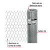 Rollo de malla de acero galvanizado con aberturas en rombo y etiqueta Calibre 26 (fijada a la malla).