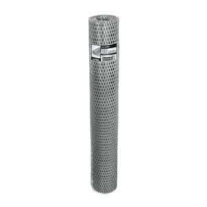Roll of metal expanded mesh fencing with a label attached.