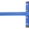 Blue horizontal metal beam attached to a blue vertical mounting plate with bolts on a dark panel.