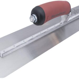 Notched tile trowel with a red handle used for spreading tile adhesive on a surface.