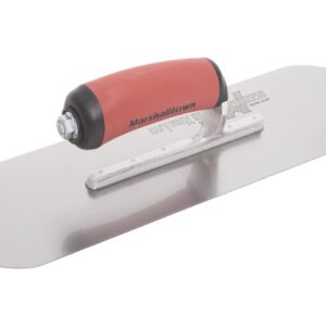 Marshalltown masonry trowel with a red curved handle and wide steel blade on a white background, ready for use in plastering or masonry work.