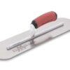 Marshalltown finishing trowel with a red ergonomic handle for plaster or concrete smoothing, photographed at angle.