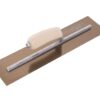 Wooden-handled plastering trowel with a long metal blade for smoothing plaster on walls or ceilings.