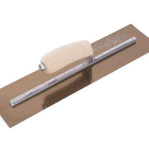 Wooden-handled plastering trowel with a long metal blade for smoothing plaster on walls or ceilings.