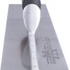 Marshalltown finishing trowel with a red-handled wooden grip and long metal blade.