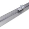 Metal snow-plow blade attachment with a clamping bracket and adjustable guide rail along its length.