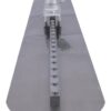 Long metal screed tool with a central row of rivets and an adjustable clamp at the top for leveling a straight edge on a slab