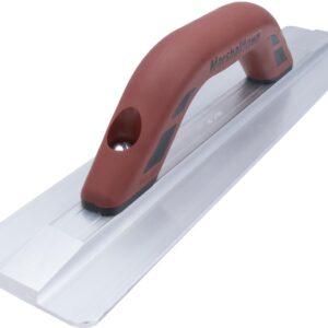Red-handled Marshalltown finishing trowel with a long aluminum blade, used for plastering.