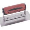 Marshalltown metal finishing trowel with red handle and stainless steel blade on a flat base plate