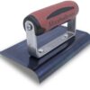 Marshalltown hand squeegee with red rubber blade and metal frame used to smooth plaster or concrete surfaces (blue base visible).
