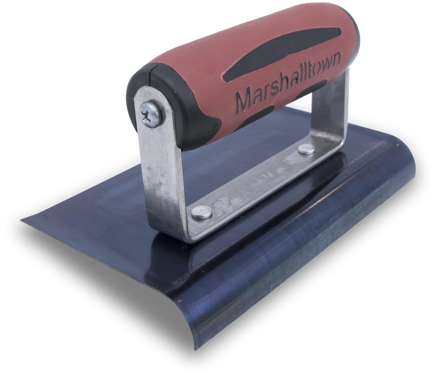 5bdf545acb75093418c1f928 - Múrbúðin Marshalltown hand squeegee with red rubber blade and metal frame used to smooth plaster or concrete surfaces (blue base visible).