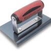 Red-handled masonry trowel (Marshalltown) mounted on a metal base on a blue-gray surface.