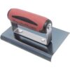 Marshalltown hand stamp with red handle and flat metal base for imprinting patterns into concrete surfaces.