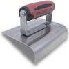 Marshalltown concrete finishing trowel with red handle and metal blade
