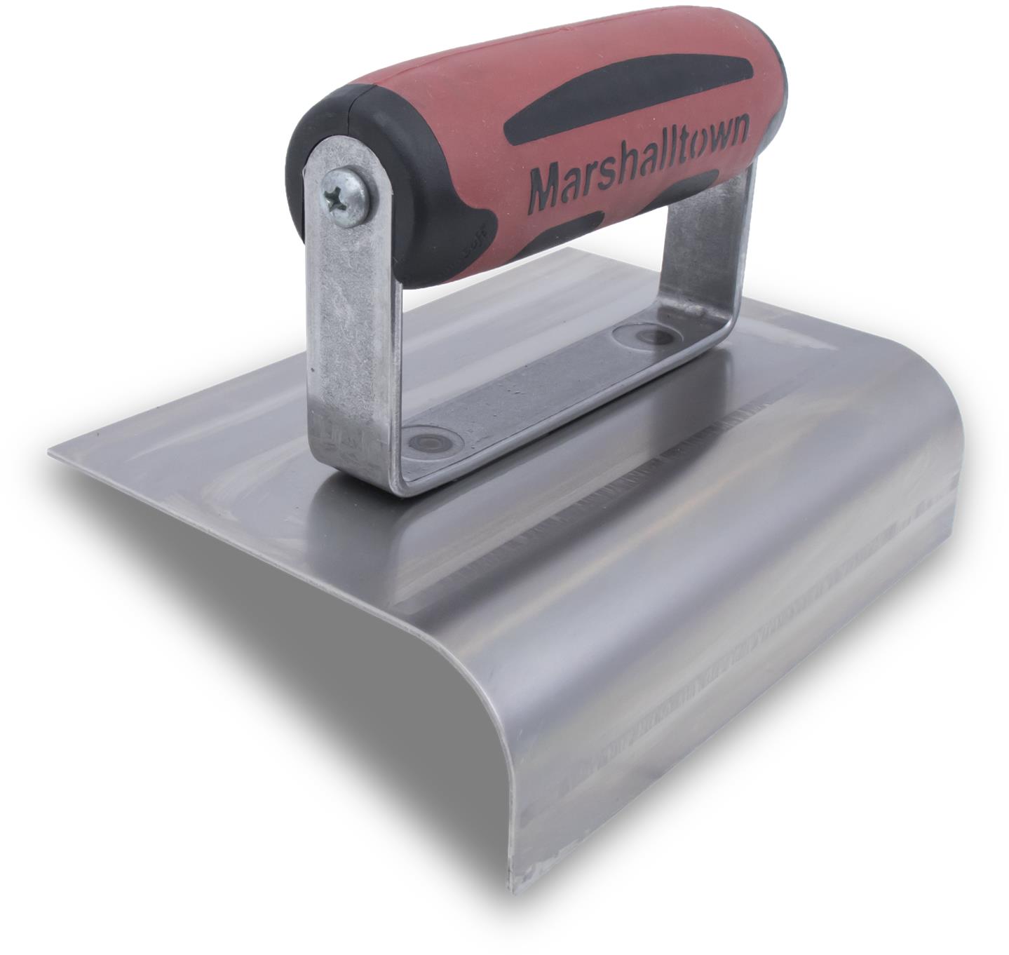 Marshalltown concrete finishing trowel with red handle and metal blade
