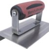Marshalltown hand trowel with a red ergonomic handle and metal mounting on a flat blade surface.