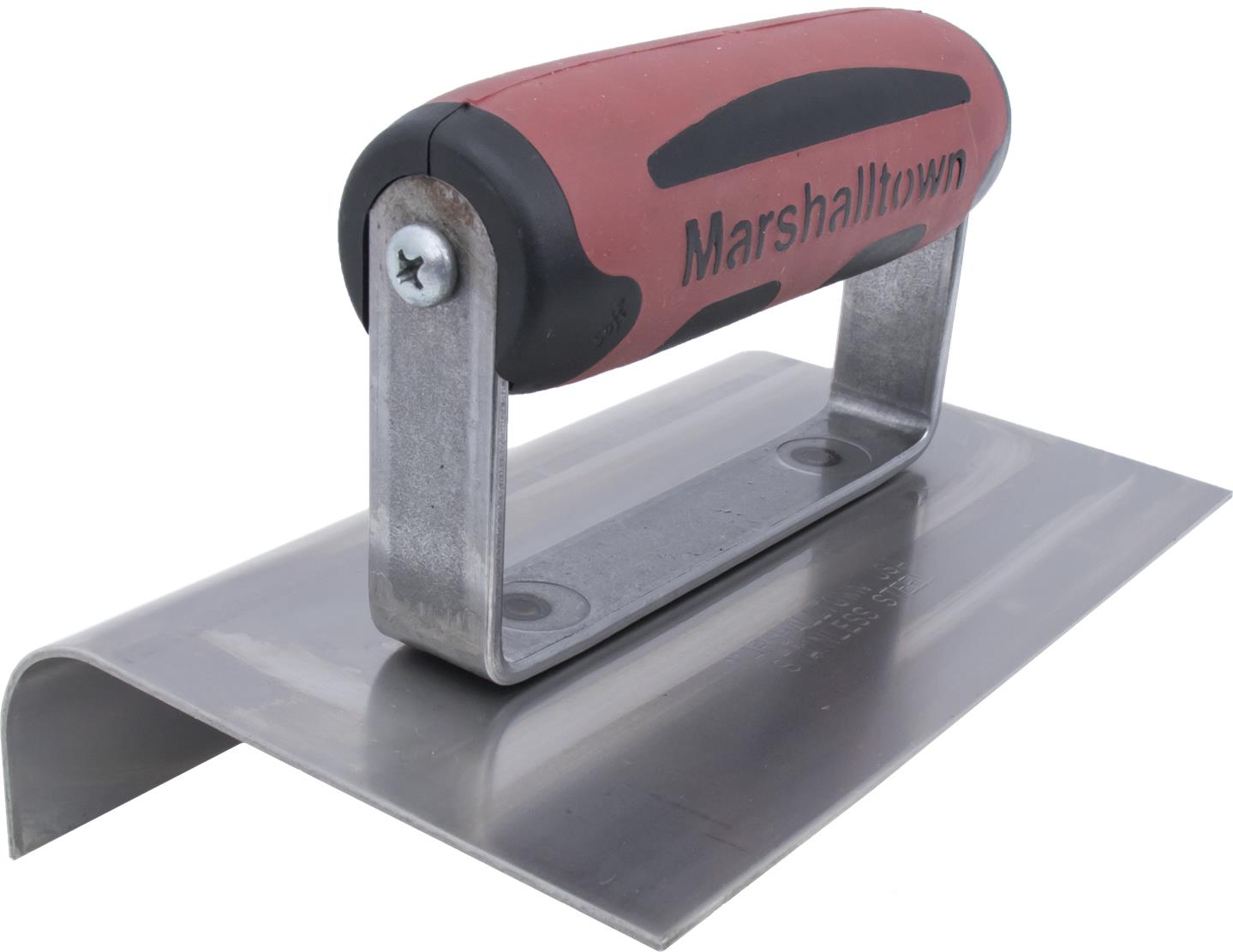 Marshalltown hand trowel with a red ergonomic handle and metal mounting on a flat blade surface.