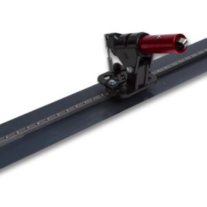 Precision rail-mounted adjustment tool with a red cylindrical aiming unit on a dark blue bar, used for alignment or measurement setups.