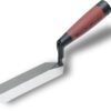 Pointing trowel with a red Marshalltown handle and black ferrule, angled metal blade for smoothing mortar or plaster.