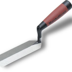 Pointing trowel with a red Marshalltown handle and black ferrule, angled metal blade for smoothing mortar or plaster.