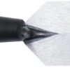 Close-up of a red-handled utility knife with a sharp silver blade extended for cutting.