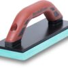 Manual hand sander with a red ergonomic handle and teal bottom edge on a black base.