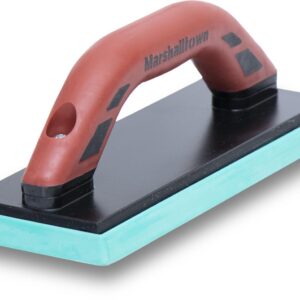 Manual hand sander with a red ergonomic handle and teal bottom edge on a black base.