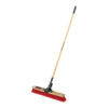 Wooden-handled broom with a red bristle head for sweeping the floor.