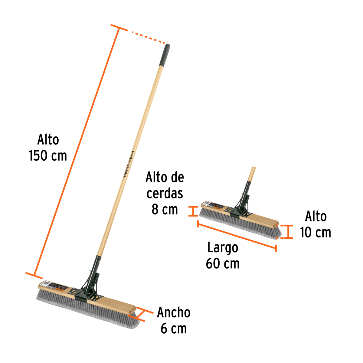 CEPI-60SX+FC2 - Múrbúðin Diagram of a broom with labeled dimensions: overall height 150 cm, handle length 60 cm, head width 6 cm, brush height 10 cm, and bristle block 8 cm wide