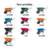 Grid of assorted wheelbarrows in orange, green, blue and other colors with model codes like CAT-45ND, CAT-55ND, CAT-15ND, CAT-50ND, CAT-60ND, CAR-81, CAT-60PL, T-6N, CAT-50WD, CAT-60PLX.