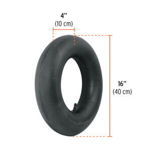 Inner tube with orange measurement lines showing 4-inch width and 16-inch height (10 cm by 40 cm).