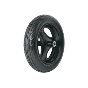 Tire mounted on a black alloy wheel with a visible tread pattern on the side and top edge
