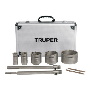 TRUPER metal hole saw kit with a silver carrying case, includes varied hole saws, drill bits, and expansion arbors for cutting metal.”