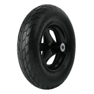Close-up of a black rubber tire mounted on a glossy black wheel with a silver center hub.