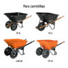 Catalog image showing four Truper wheelbarrow models: TP-8 and TP-6 in black, CAR-82 and TP-7X in orange; labeled with model names below each wheelbarrow, under the header 'Para carretillas'.