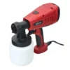 Red cordless paint sprayer with a white reservoir attached to the nozzle area.