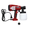 Red handheld electric paint sprayer with a white reservoir attached and a black trigger grip.
