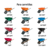 Product catalog grid of colorful wheelbarrows with model codes (e.g., CAT-50X, CAT-60X, CAT-45FF) beneath each item on a white background.