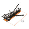 Orange document binding machine with a long lever and metal rails for punching and binding papers; 77 cm long.