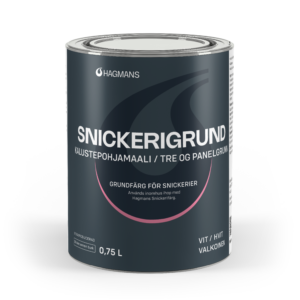 Can of Hagmans Snickerigrund wood primer with a dark blue label and white branding, 0.75 L shown from a slightly angled front view.