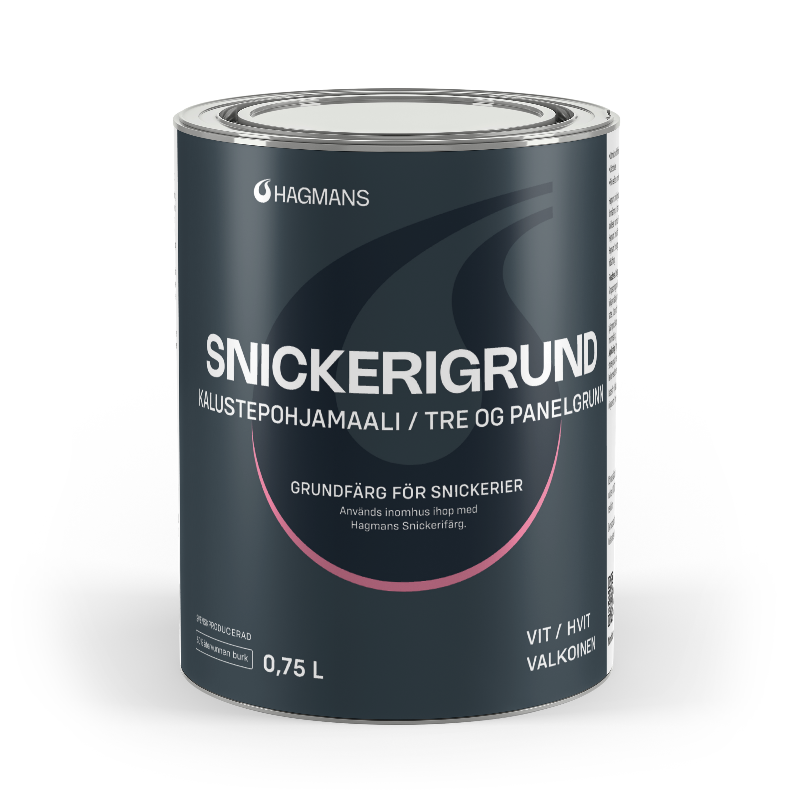 81001_01 - Múrbúðin Can of Hagmans Snickerigrund wood primer with a dark blue label and white branding, 0.75 L shown from a slightly angled front view.