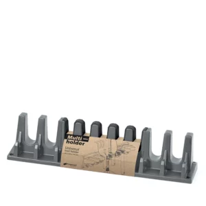 Gray universal tool holder rack with multiple vertical slots, shown with its cardboard packaging in front.