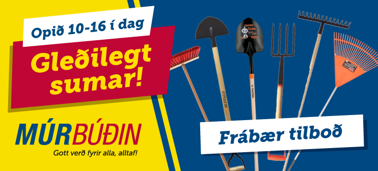 Promotional banner for summer sale with gardening tools and bold Icelandic text 'Gleðilegt sumar!' on yellow/blue background, 'Frábær tilboð' and store name.