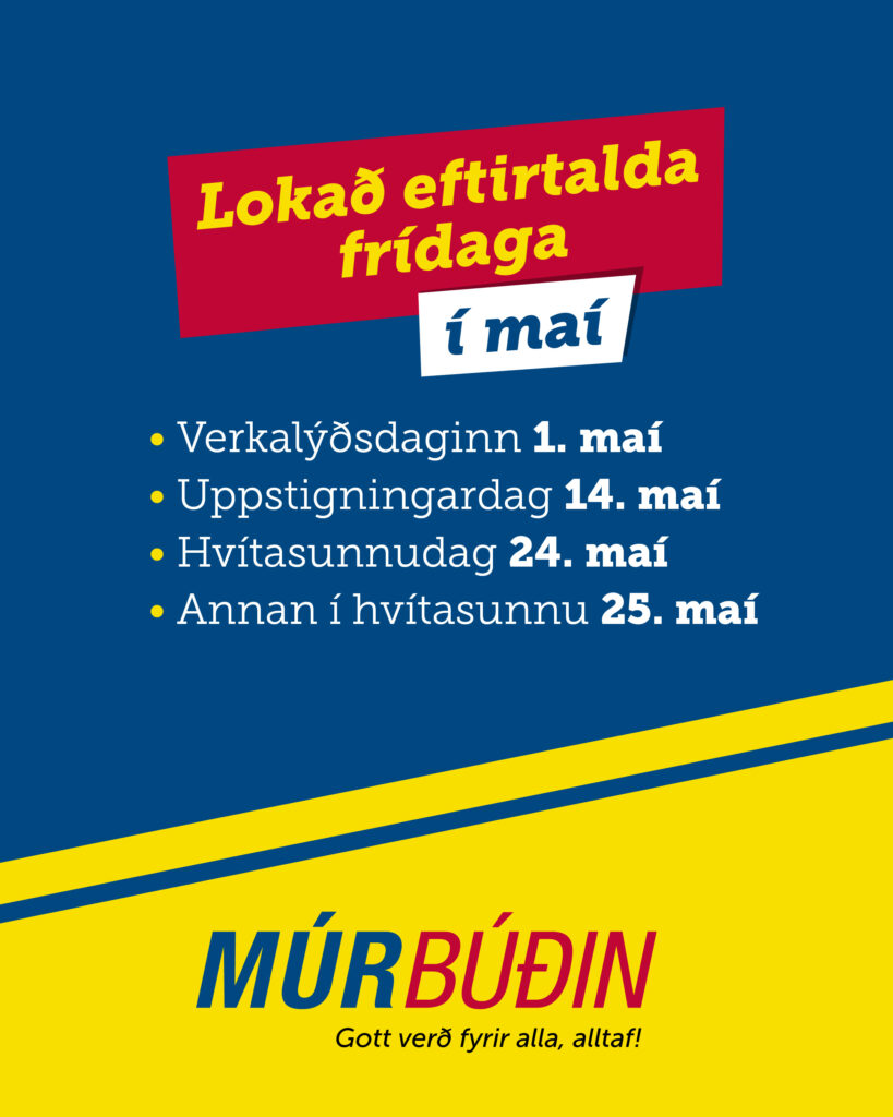 Poster announcing May holidays in Icelandic, with bold yellow text on a red banner over a blue background and yellow diagonal stripes at bottom, listing May dates.