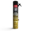 Tall black and yellow can of high-expanding polyurethane foam with an attached dispensing nozzle (spray applicator).