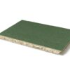 Green-faced OSB panel with an exposed edge, angled on a white background (construction plywood/core visible). Second option: moisture-resistant plywood sheet with green coating and visible OSB core. Third option: angled green wood-panel sheet showing its layered OSB interior. Fourth option: green particleboard/OSB board sheet used for construction, viewed from the side.