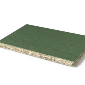 Green-faced OSB panel with an exposed edge, angled on a white background (construction plywood/core visible). Second option: moisture-resistant plywood sheet with green coating and visible OSB core. Third option: angled green wood-panel sheet showing its layered OSB interior. Fourth option: green particleboard/OSB board sheet used for construction, viewed from the side.
